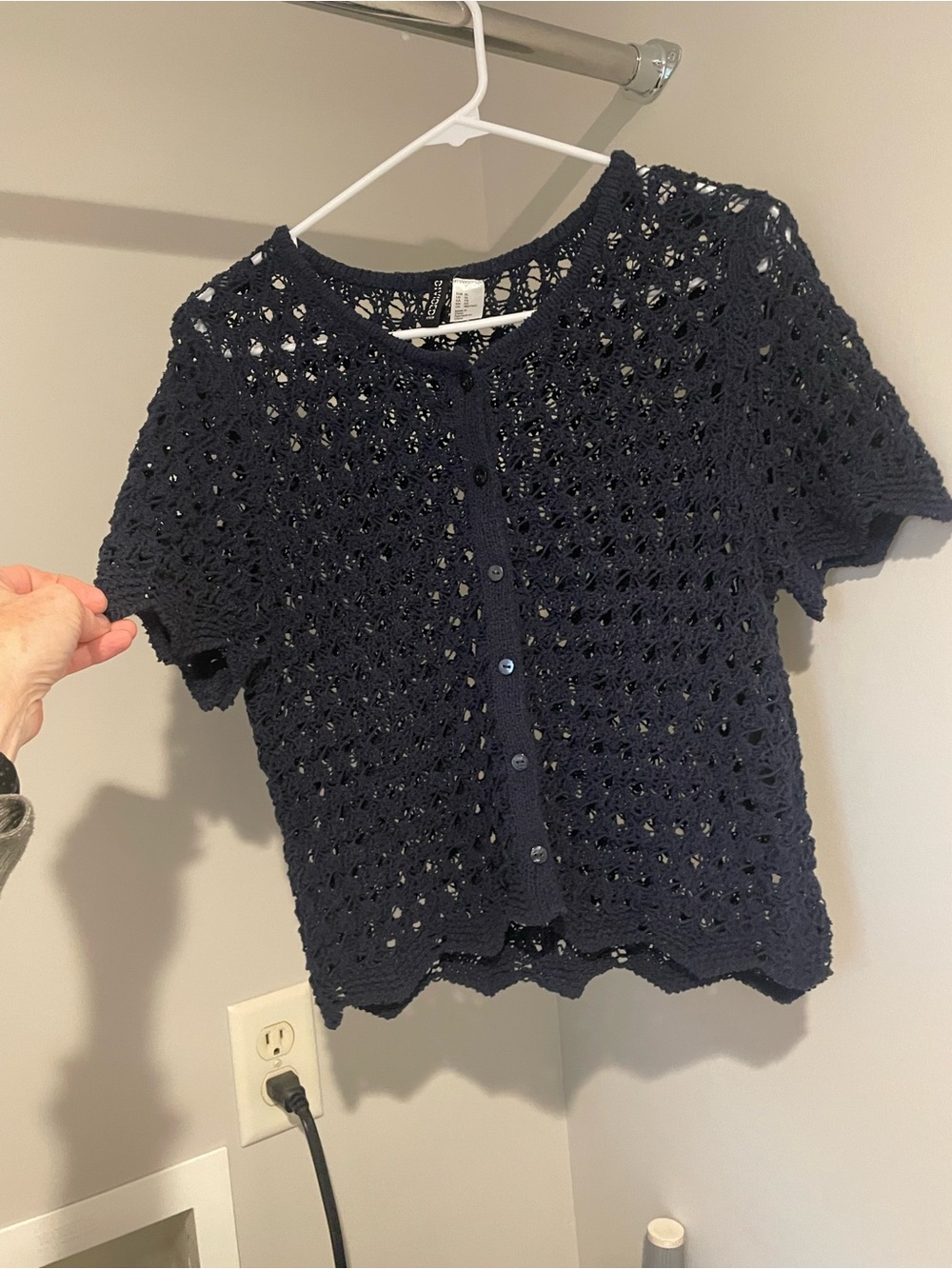 Womens Navy Crochet Button-Front Top